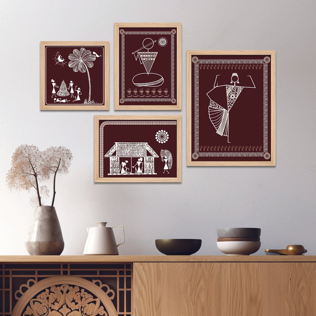 Beautiful Warli Art Indian Rural Life Wall Frame Set of Four