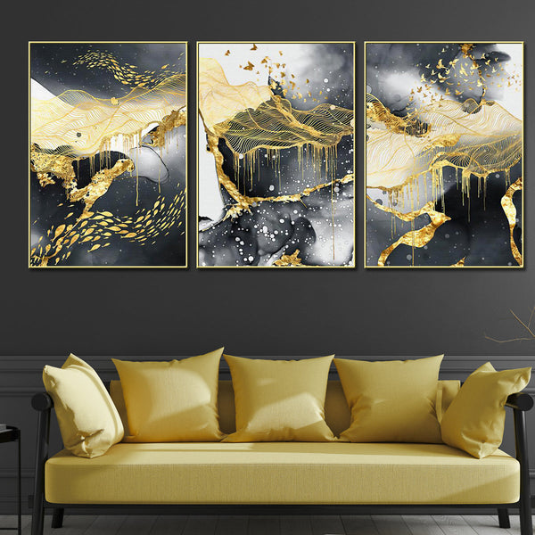 3 Pieces Black & Gold Abstract Birds Framed Canvas Painting for Living Room