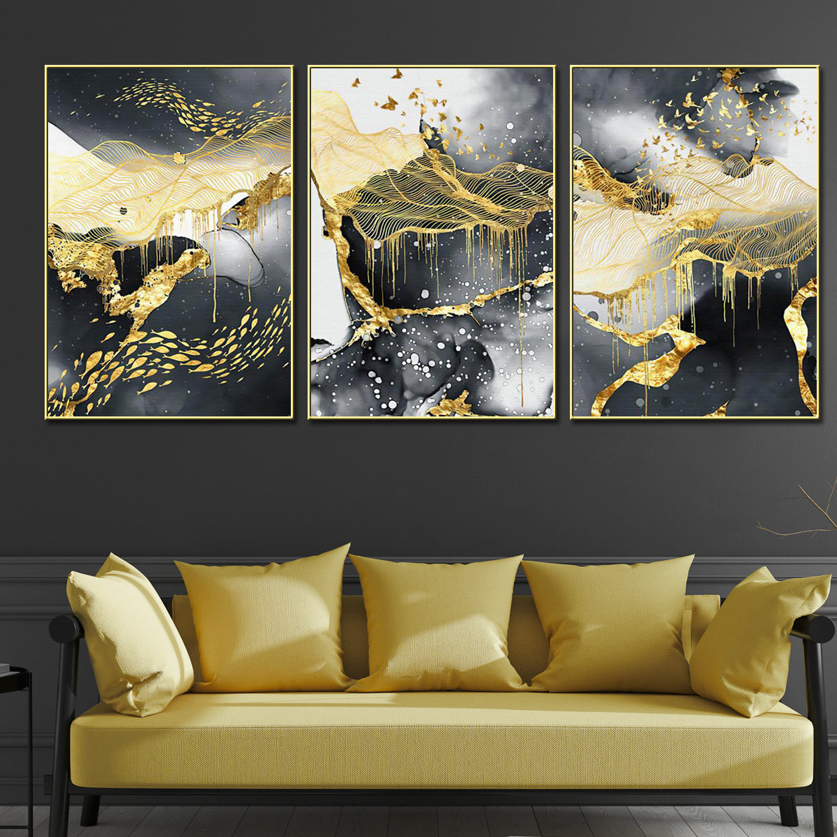 3 Pieces Black & Gold Abstract Birds Framed Canvas Painting for Living Room