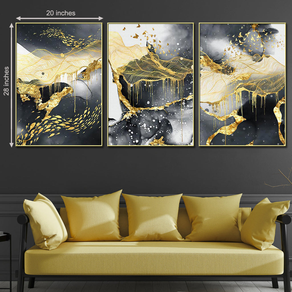 3 Pieces Black & Gold Abstract Birds Framed Canvas Painting for Living Room