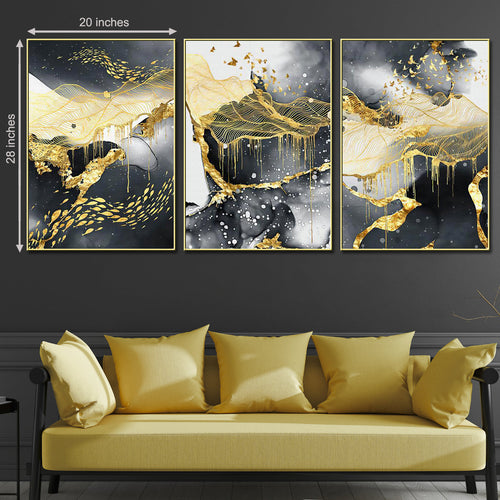 3 Pieces Black & Gold Abstract Birds Framed Canvas Painting for Living Room