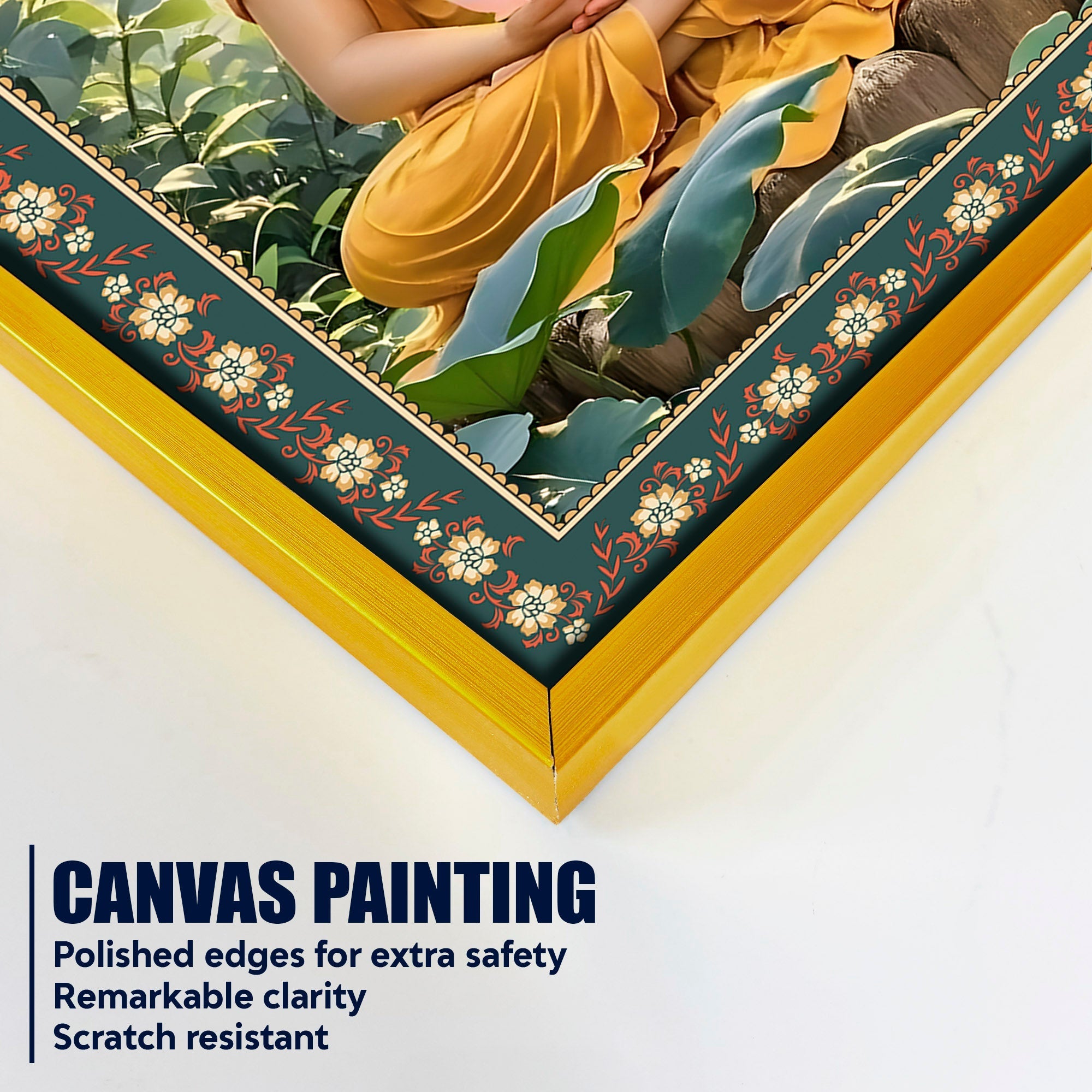 Buddha with Lotus Calm Peace Floral Border Vertical Wall Painting