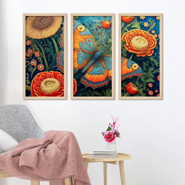 Close up of a Flower with a Butterfly Wall Frame Set of Three