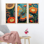 Close up of a Flower with a Butterfly Wall Frame Set of Three