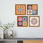 Colorful Floral Mandala Pattern Wooden Wall Frame Set of Four