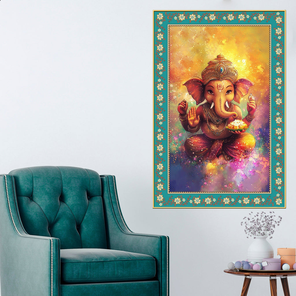 Colors of Lord Ganesha Floral Border Vertical Wall Painting