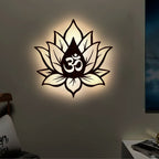 Hindu OM inside Lotus Flower Backlit Wooden Wall Decor with LED Night Light Walnut Finish