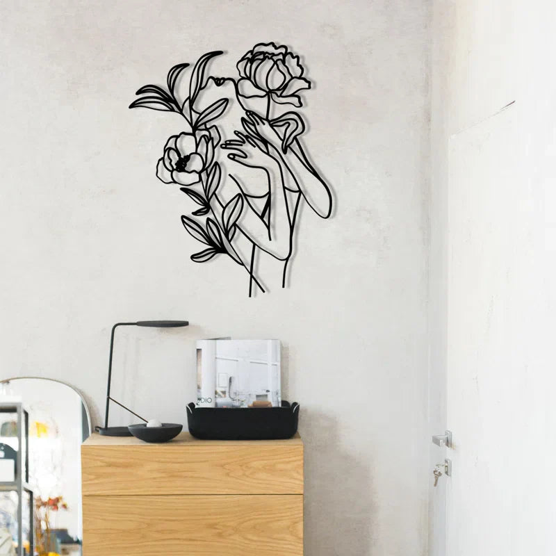 Woman With Flowers Silhouette Line Metal Art Wall Decor