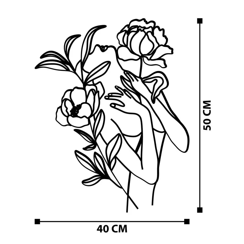 Woman With Flowers Silhouette Line Metal Art Wall Decor