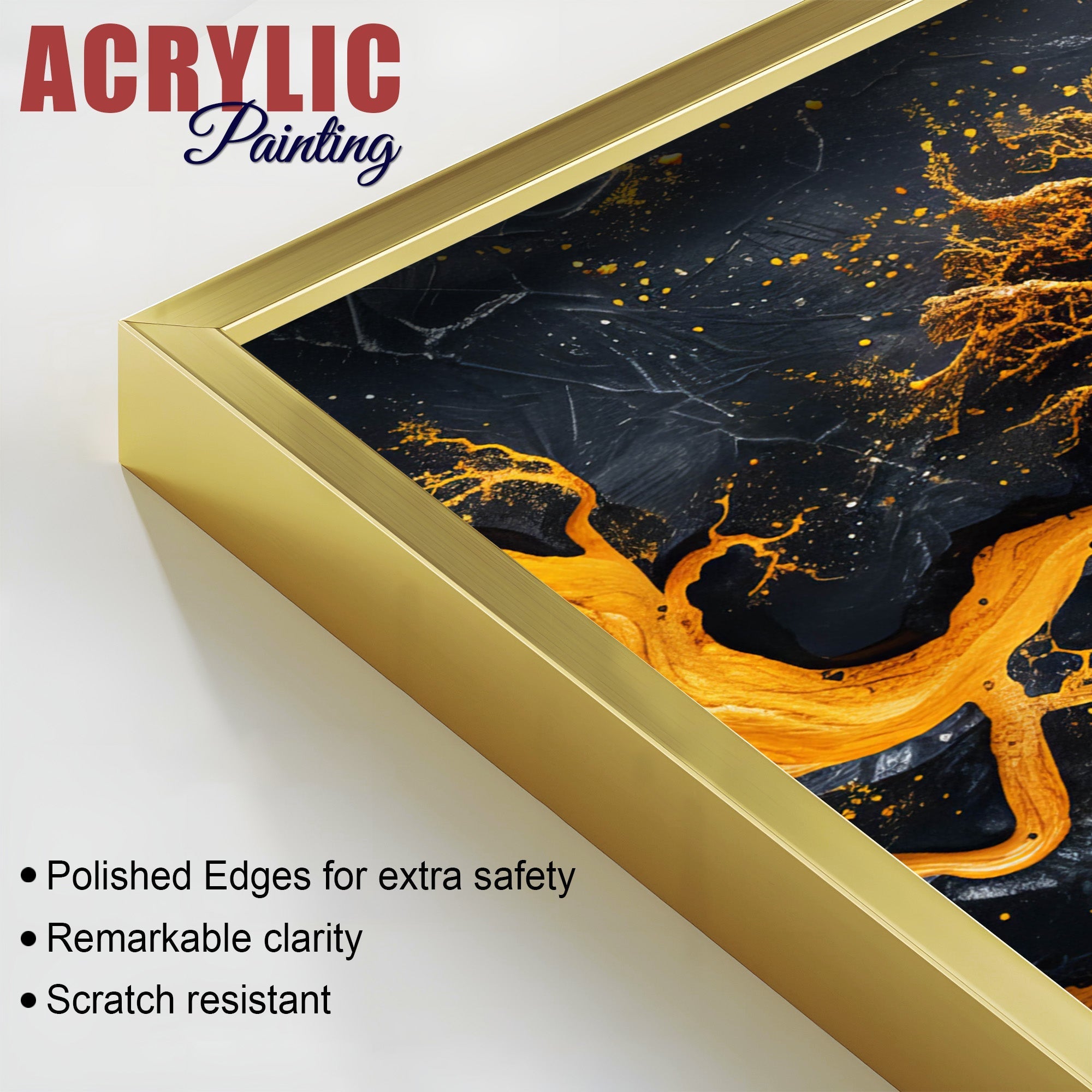 Beautiful Golden Artistic Tree Root Shaped Acrylic Art Floating Wall Painting Set of 2