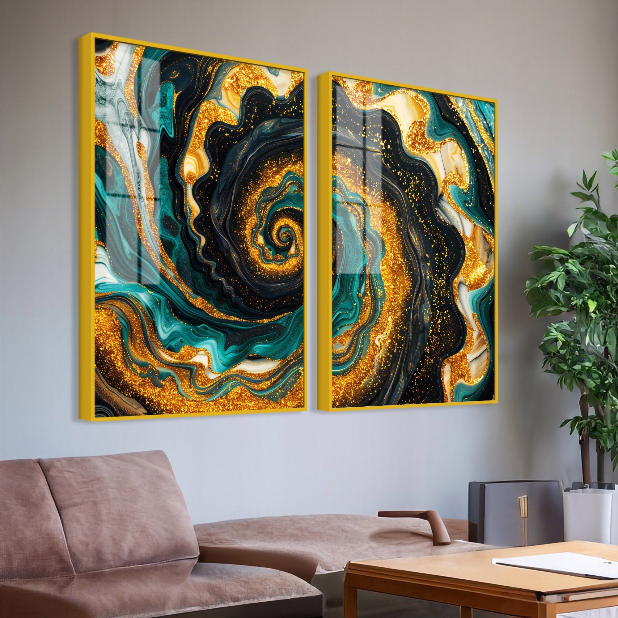 Premium Golden Crystal Circular Shape Acrylic Art Floating Wall Painting Set of 2