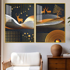 Dark Backgroundnt Golden Deer Classic Acrylic Floating Wall Painting Set of 2