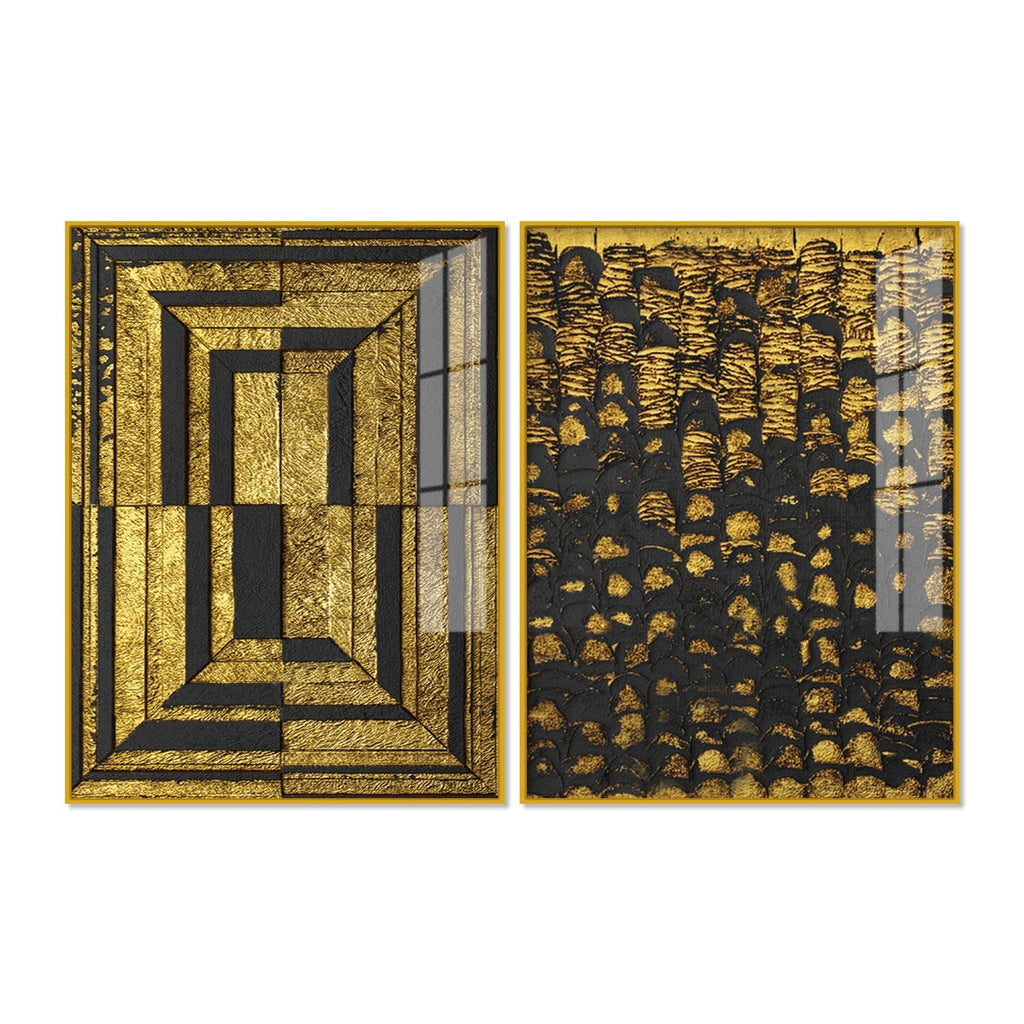 Golden Abstract Artistic Shapes Art Acrylic Floating Wall Painting Set Of 2