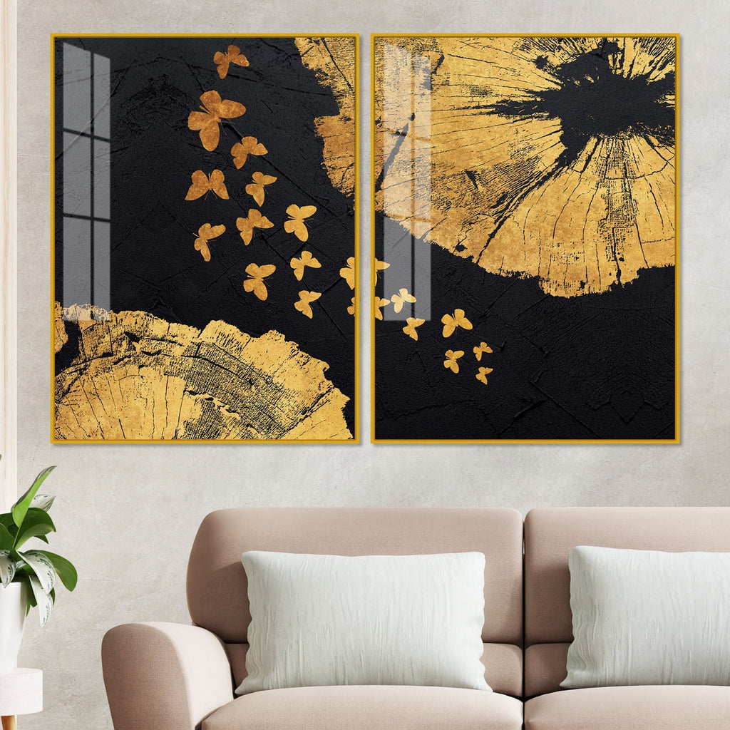 Golden Butterflies Flying Acrylic Floating Wall Painting Set of 2