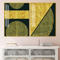 Golden Leaves and Line Art Acrylic Floating Wall Painting Set Of 2