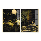 Golden Textured Mountains Art Premium Acrylic Floating Wall Painting Set Of 2
