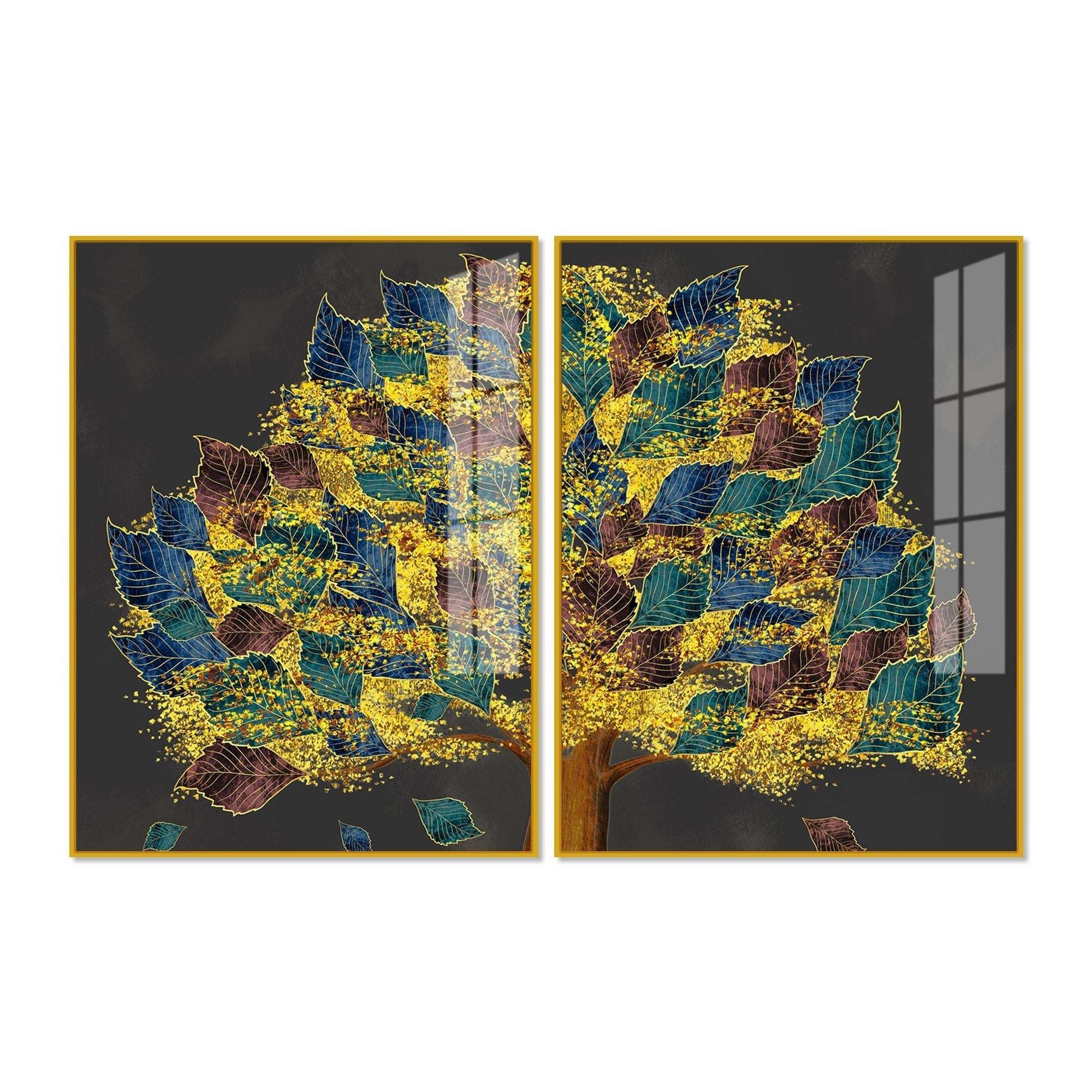 Luxury Golden Shiny Tufted Leaves Tree Acrylic Floating Wall Painting Set Of 2