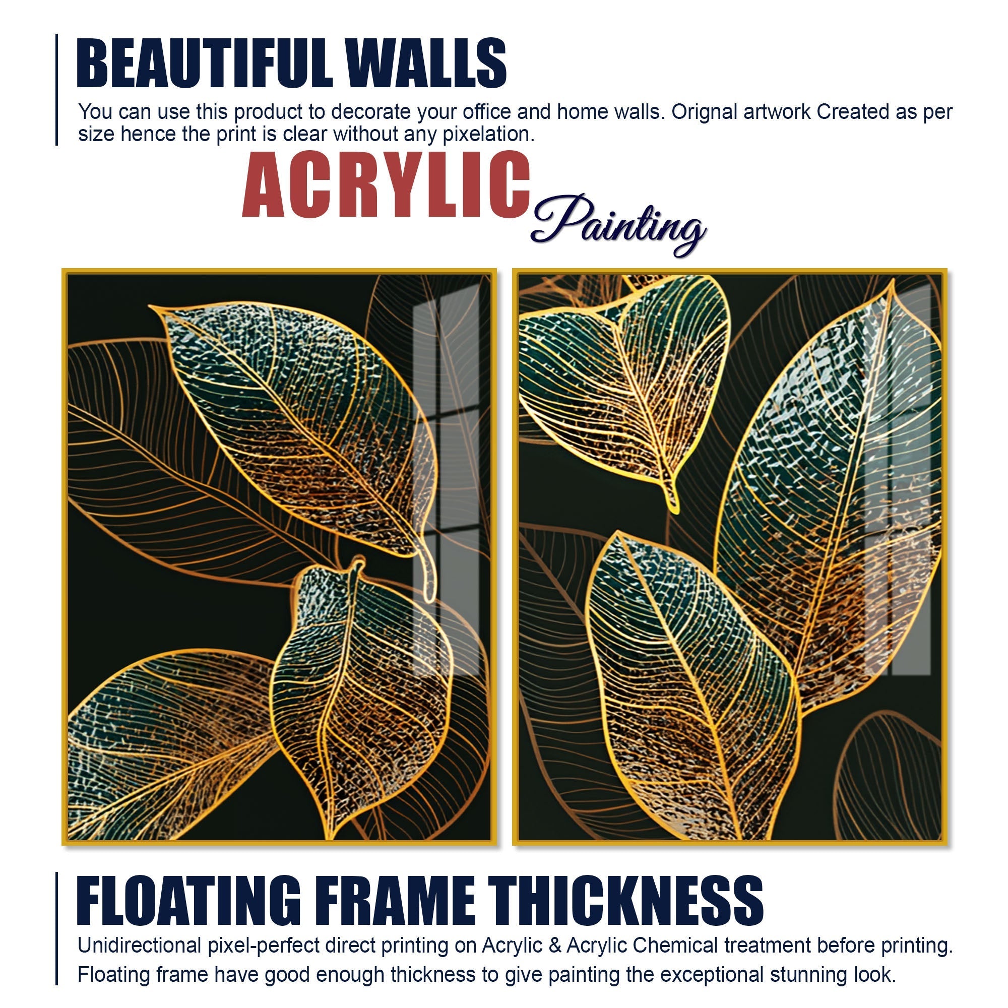 Modern Exquisite oak Leaves Art Acrylic Floating Wall Painting Set Of 2