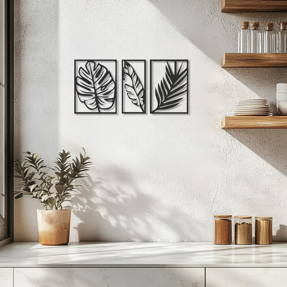 Tropical Palm Leaf Three Frames Metal Art Wall Decor