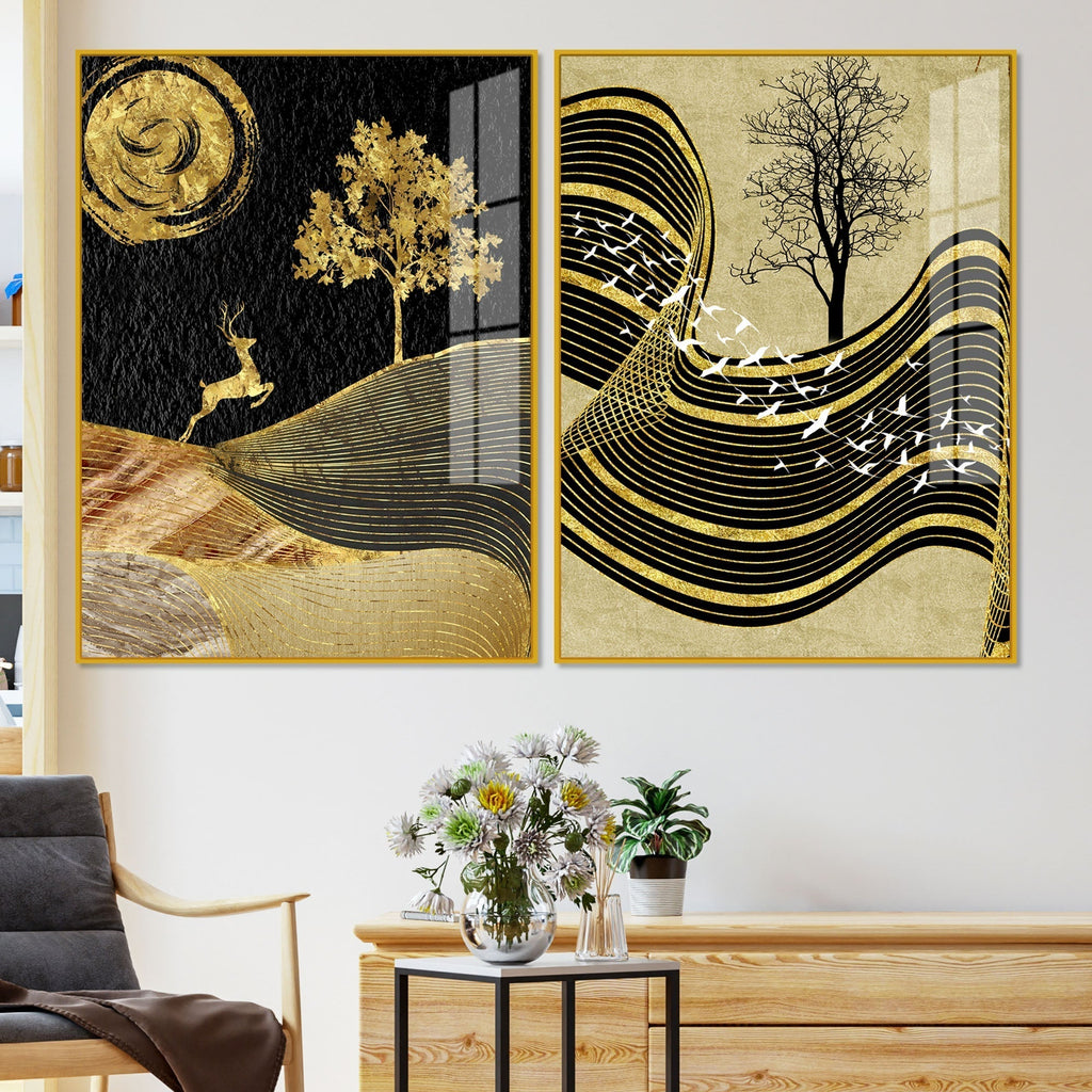 Wavy Golden Lines Mountains Premium Acrylic Floating Wall Painting Set Of 2