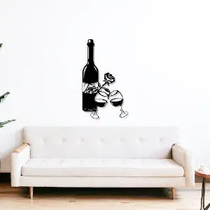 Wine Bottle with Glass and Rose Wall Metal Art Decor