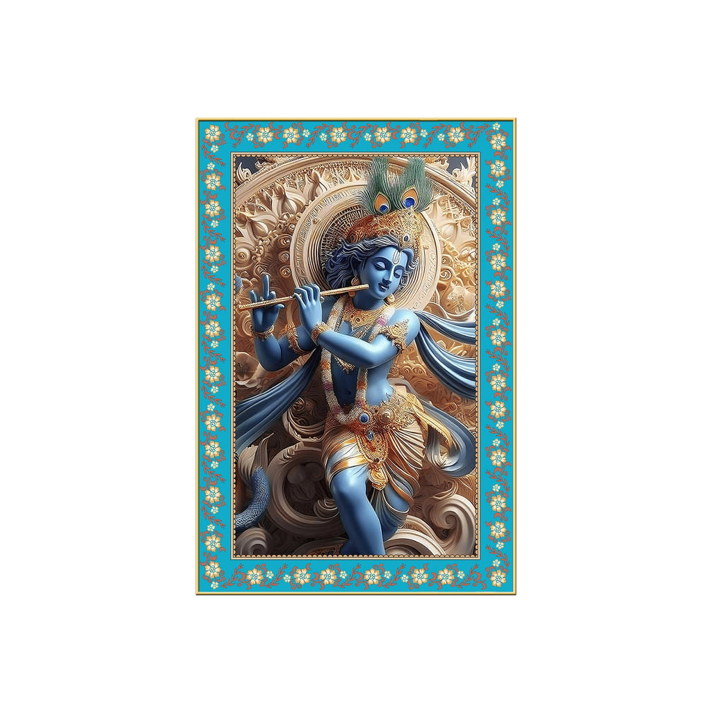Divine Lord Krishna Floral Border Vertical Canvas Wall Painting