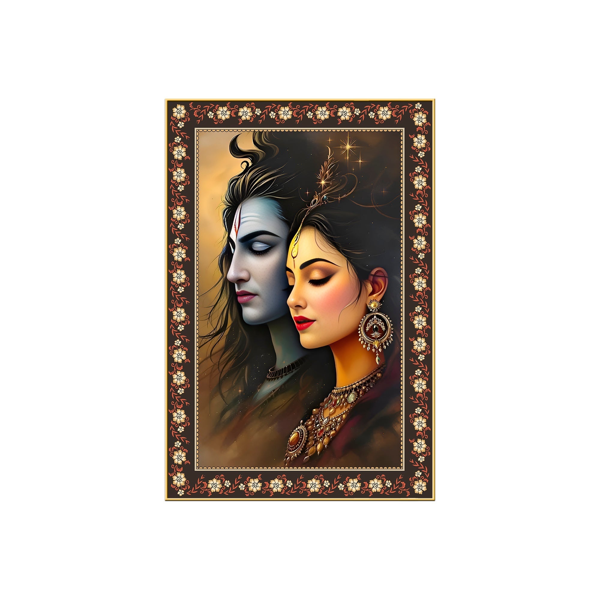 Divine Union Gauri Shankar Floral Border Vertical Wall Painting