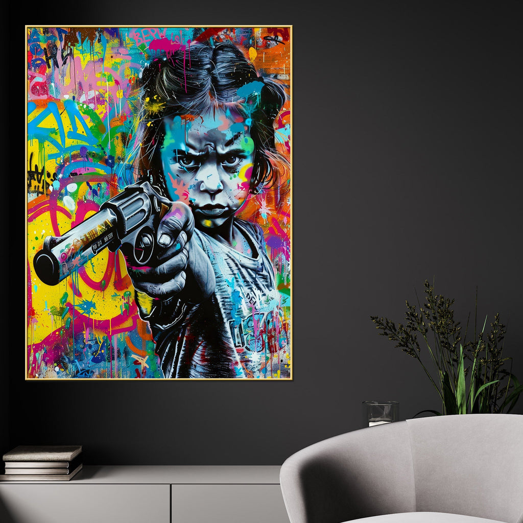 Fierce Girl with Attitude Revolver Rebel Cotton Canvas Wall Painting