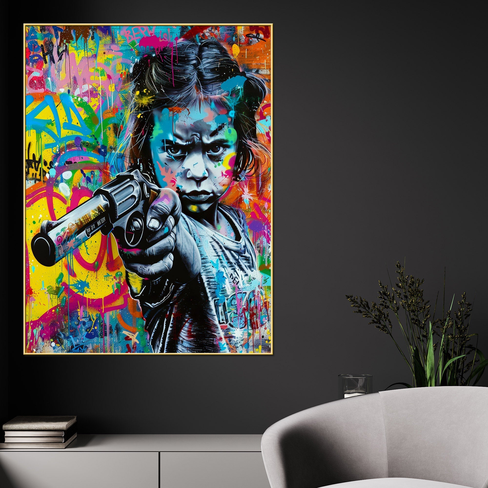 Fierce Girl with Attitude Revolver Rebel Cotton Canvas Wall Painting