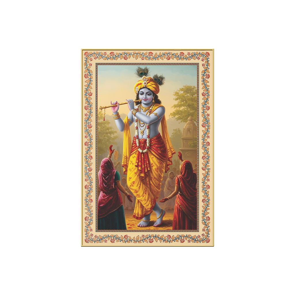 Flute of the Divine Floral Border Vertical Canvas Wall Painting
