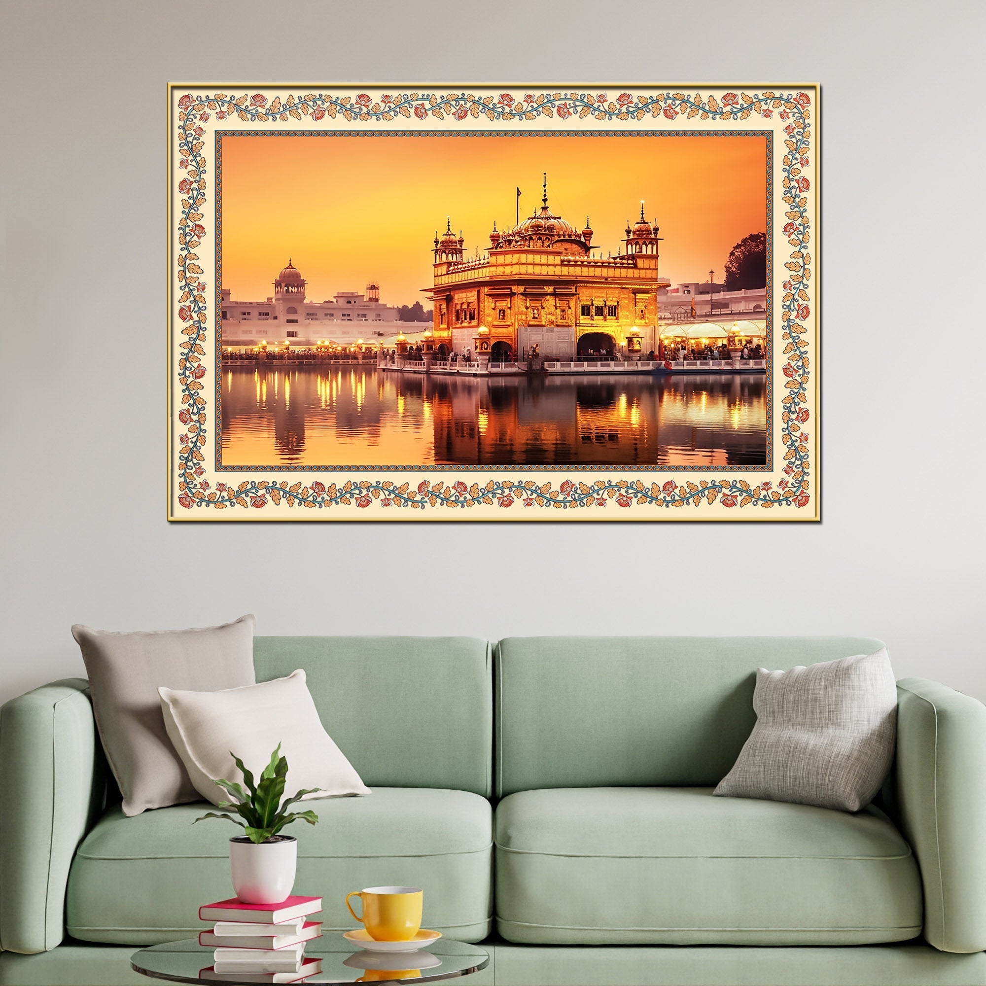Golden Sikh Temple Floral Border Canvas Wall Painting