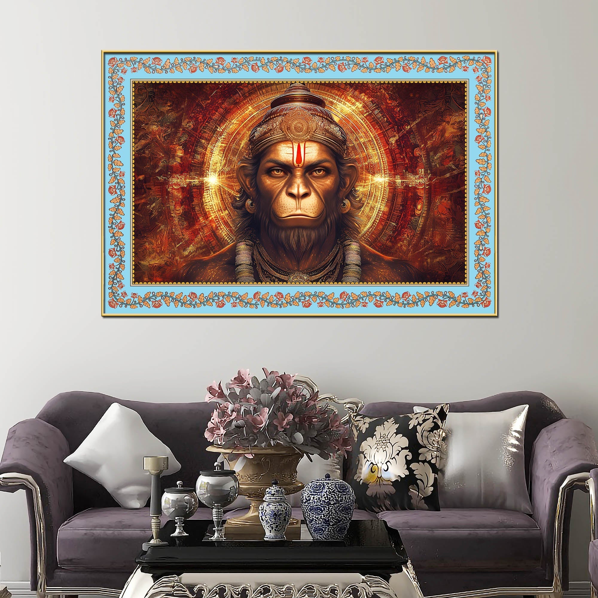 Hanuman Symbol of Strength Floral Border Canvas Wall Painting