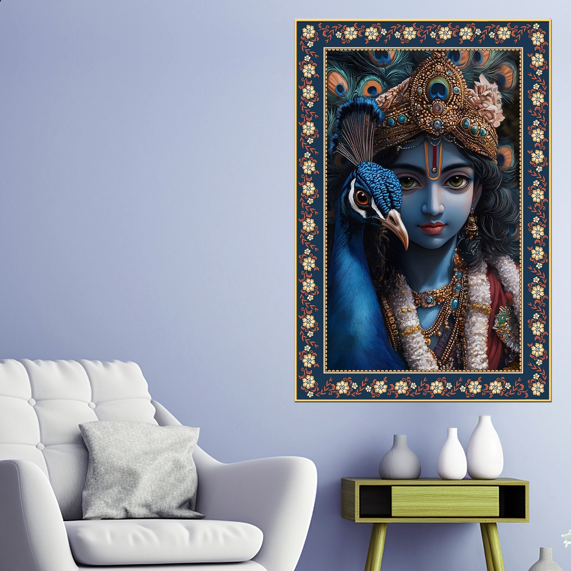 Krishna Grace Feathered Friend Floral Border Vertical Wall Painting