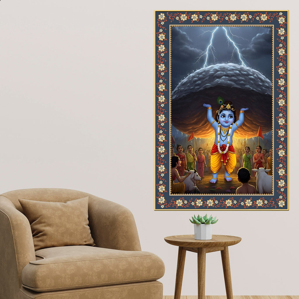 Krishna lifting Mount Govardhana Floral Border Vertical Wall Painting