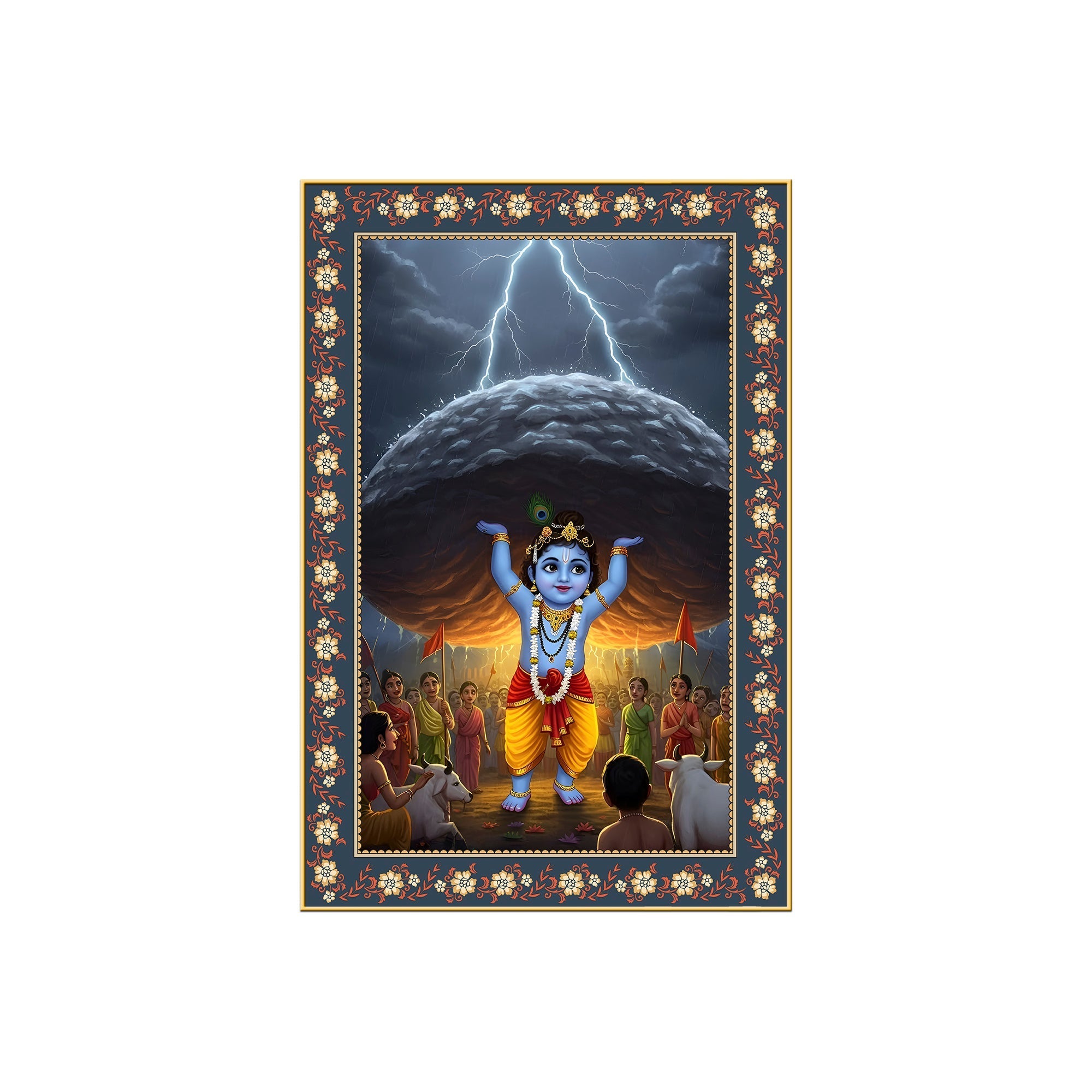 Krishna lifting Mount Govardhana Floral Border Vertical Wall Painting