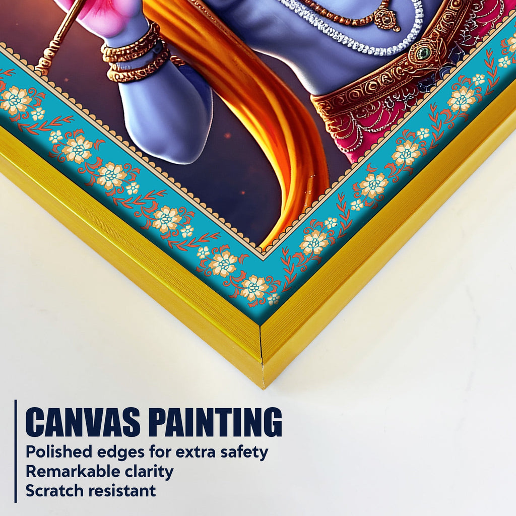 Krishna with Flute Floral Border Vertical Canvas Wall Painting