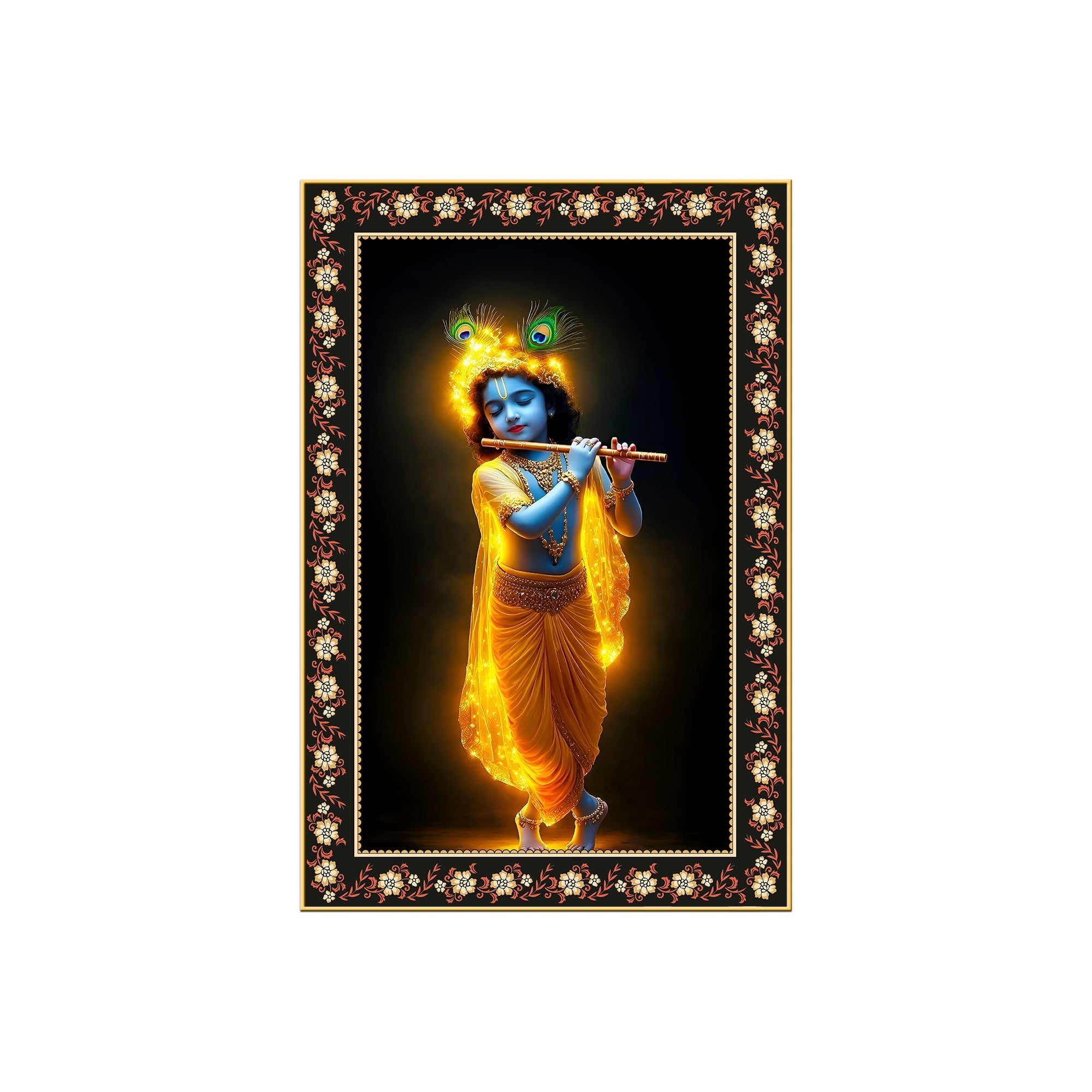 Little Krishna Playing Flute Floral Border Vertical Wall Painting