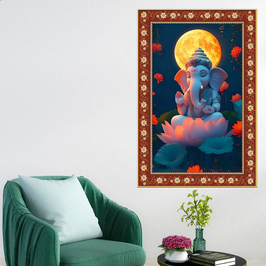 Lord Ganesha in Meditation Floral Border Vertical Wall Painting