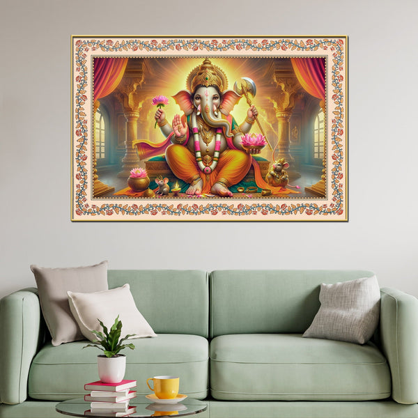 Lord Ganesha Seated on Throne Floral Border Wall Painting