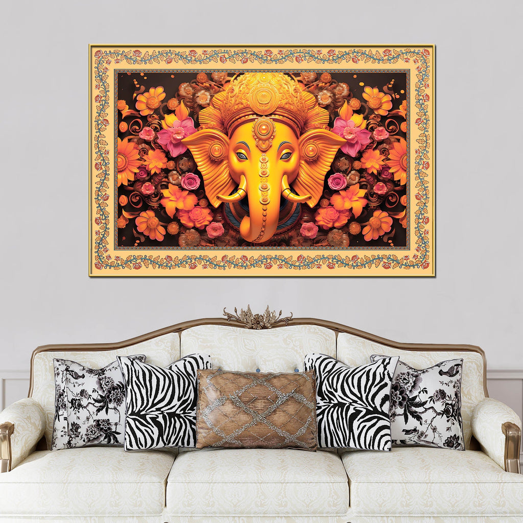 Lord Ganesha with Beautiful Flowers Border Canvas Wall Painting
