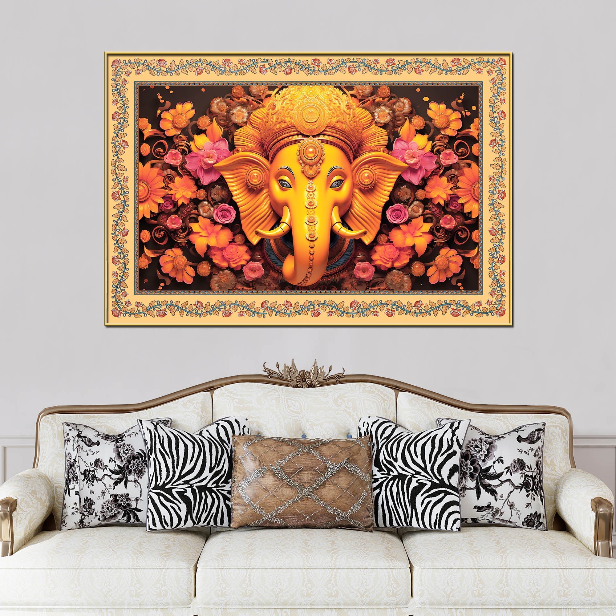 Lord Ganesha with Beautiful Flowers Border Canvas Wall Painting