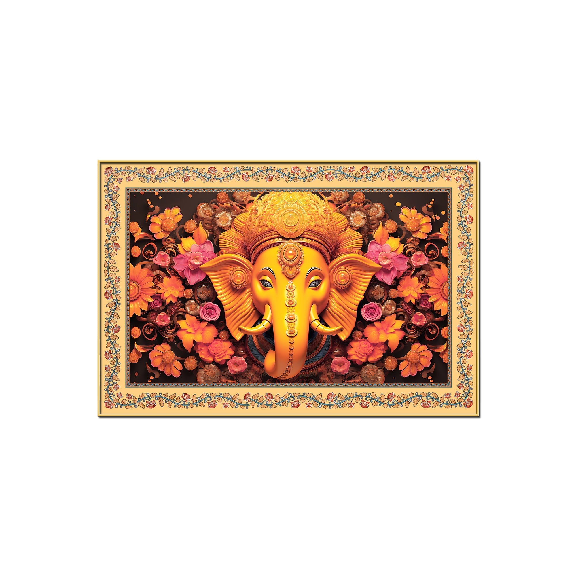Lord Ganesha with Beautiful Flowers Border Canvas Wall Painting