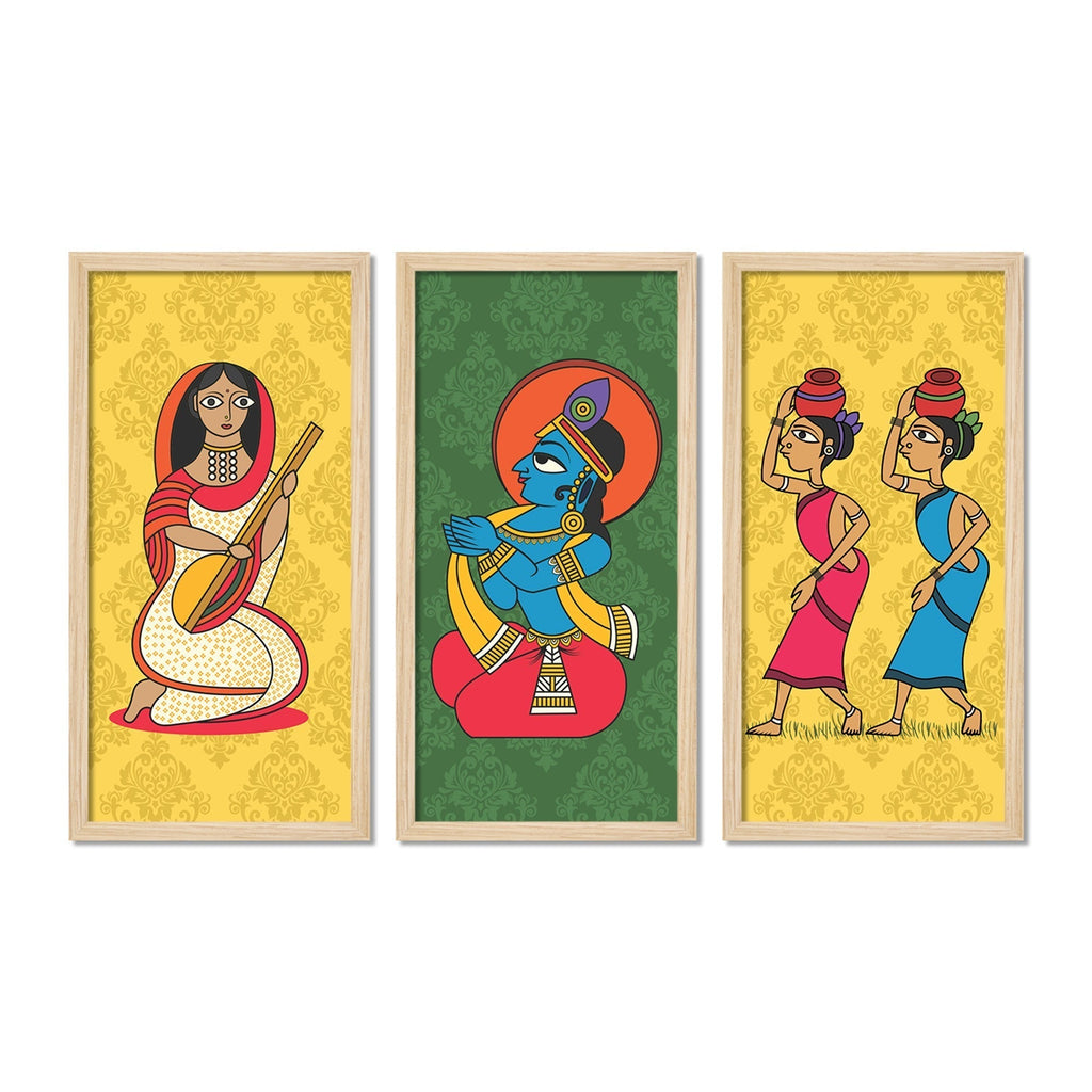 Lord Krishna Life Artistic Art Wall Frame Set of Three