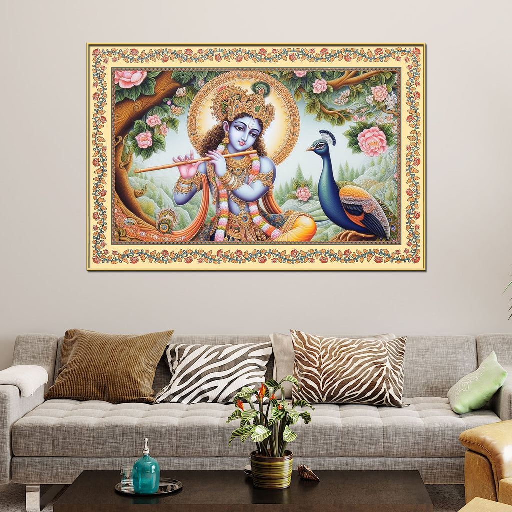 Lord Krishna Playing Flute Floral Border Canvas Wall Painting