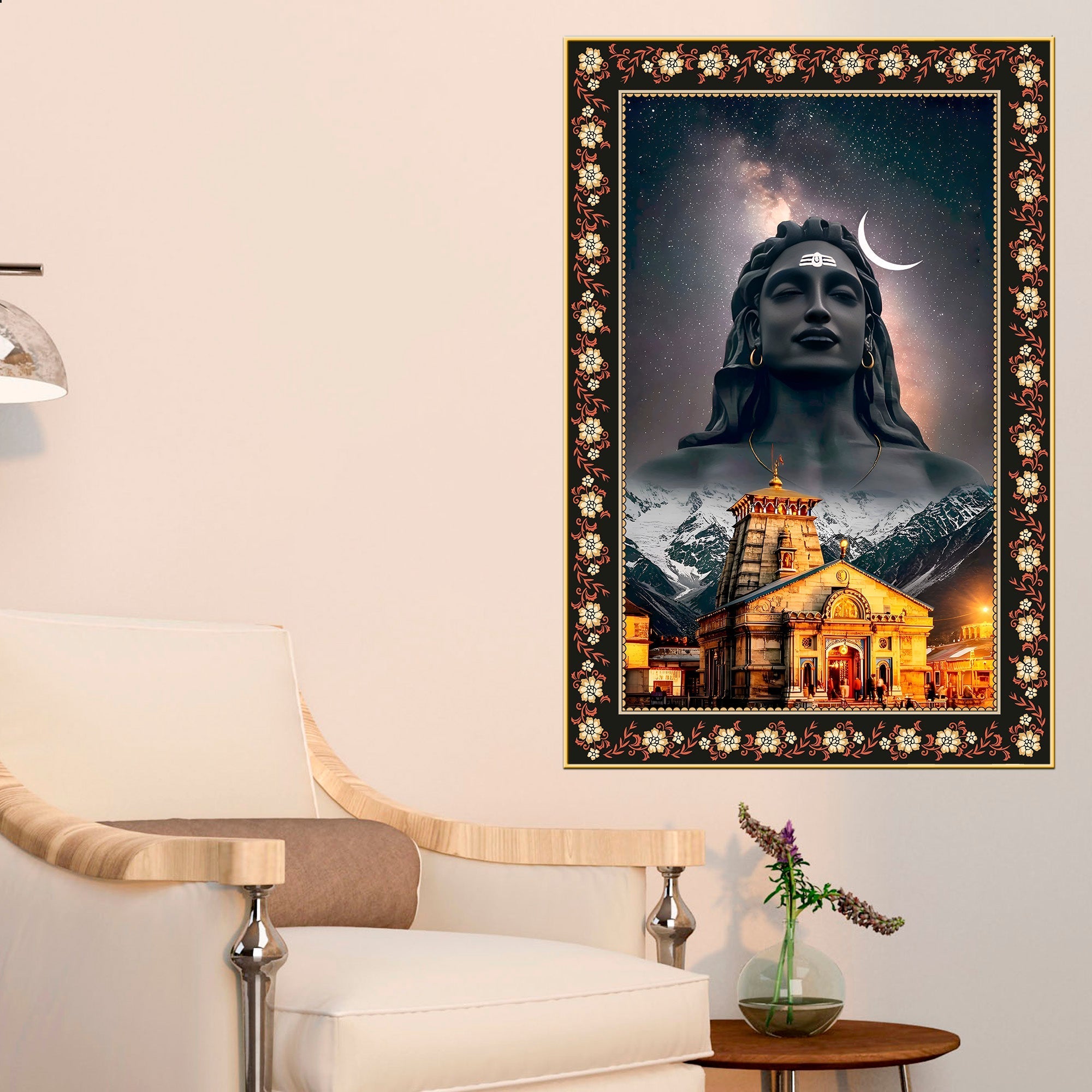 Lord Shiva in Kedarnath Temple Floral Border Vertical Wall Painting