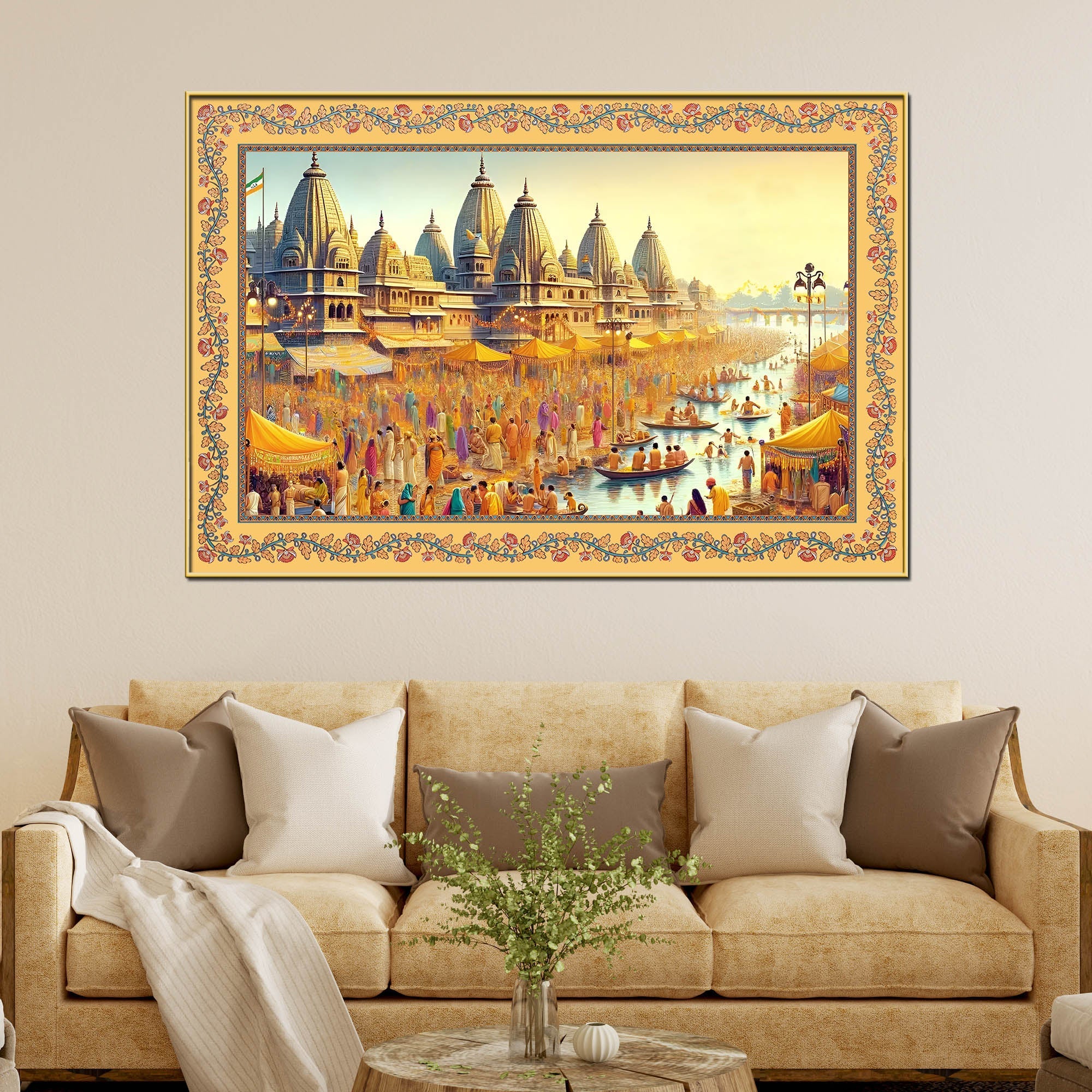 Maha Kumbh Mela on Ganga Ghat Border Canvas Wall Painting