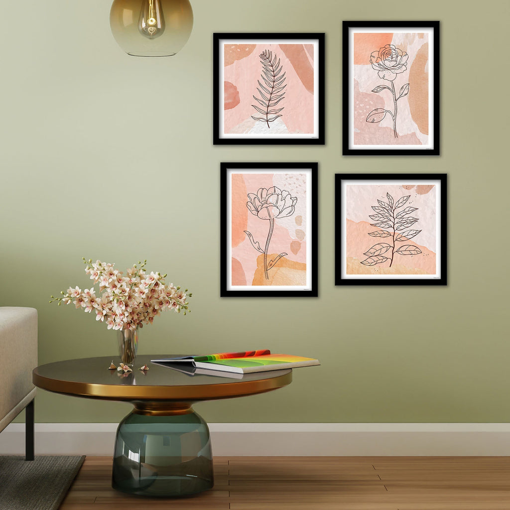 Minimalist Line Art Tree Leaf  Wall Frame Set of Four