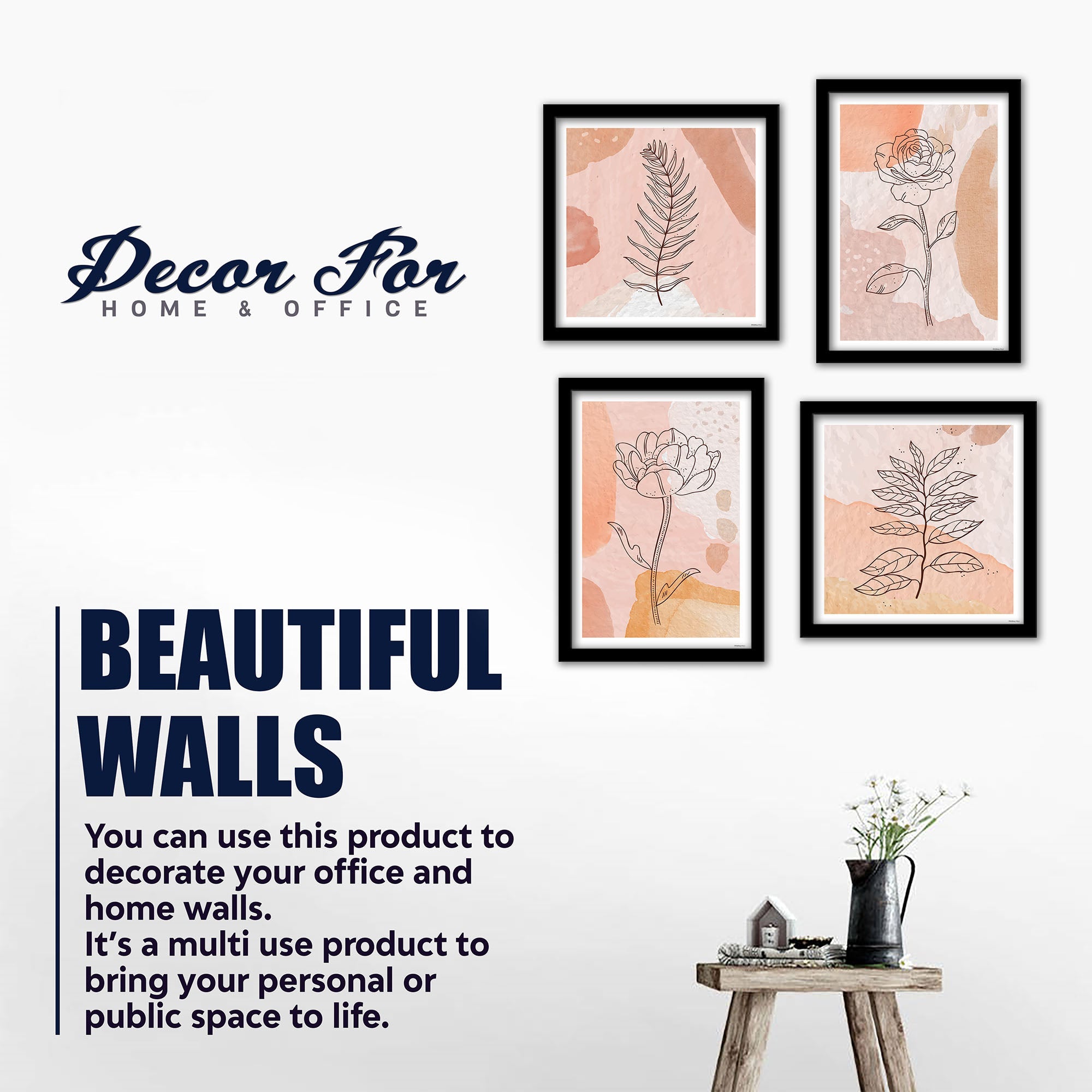 Minimalist Line Art Tree Leaf  Wall Frame Set of Four