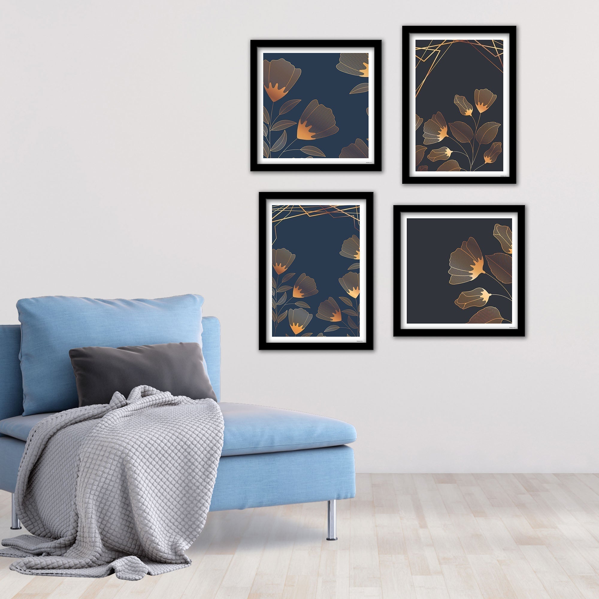 Modern Floral Flower Line Art Wall Frame Set of Four