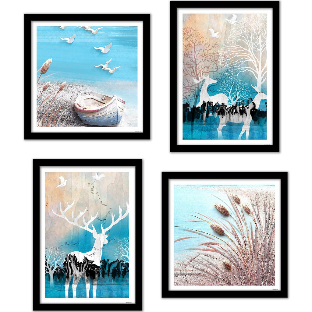 Modern White Deer Art Wall Frame Set of Four